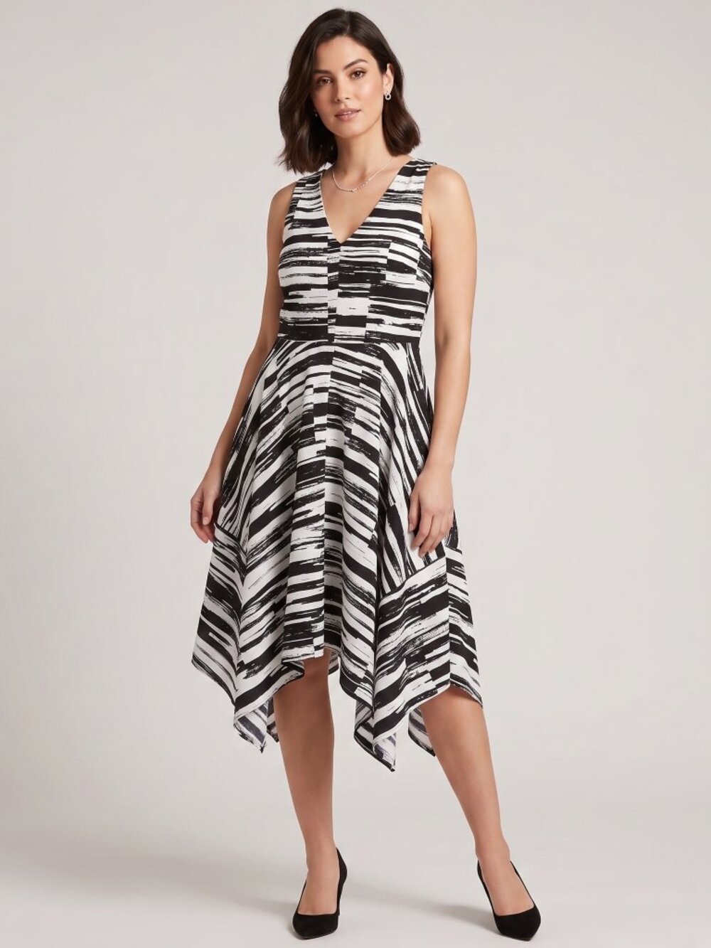 Black & White Striped V-Neck Sleeveless Dress